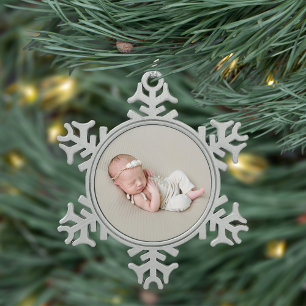 Custom Newborn Photo Keepsake Snowflake Pewter Christmas Ornament