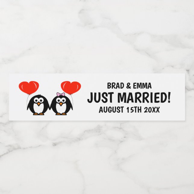 Custom newly weds penguin cartoon wedding couple water bottle label (Single Label)