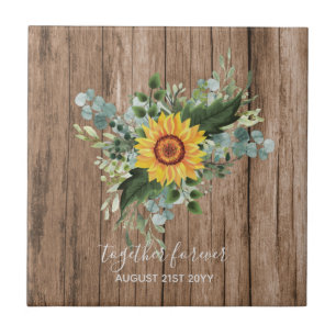 Custom Newlyweds Rustic Sunflowers Eucalyptus Leaf Ceramic Tile