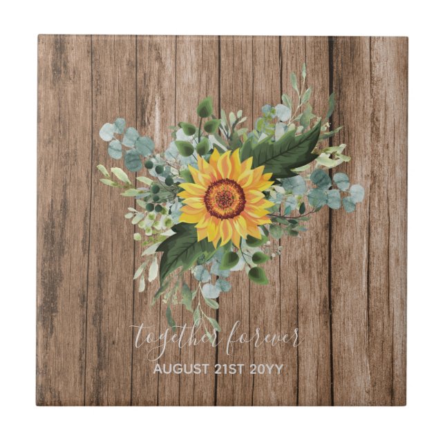 Custom Newlyweds Rustic Sunflowers Eucalyptus Leaf Ceramic Tile (Front)