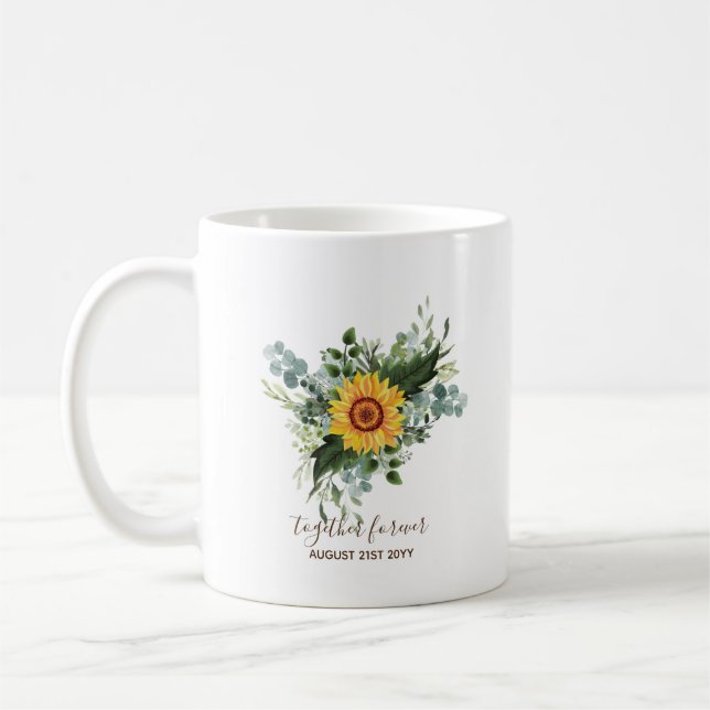 Custom Newlyweds Rustic Sunflowers Eucalyptus Leaf Coffee Mug (Left)