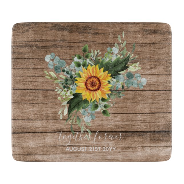 Custom Newlyweds Rustic Sunflowers Eucalyptus Leaf Cutting Board (Front)