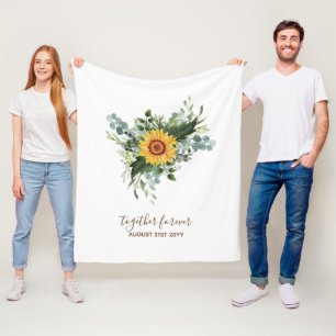 Custom Newlyweds Rustic Sunflowers Eucalyptus Leaf Fleece Blanket