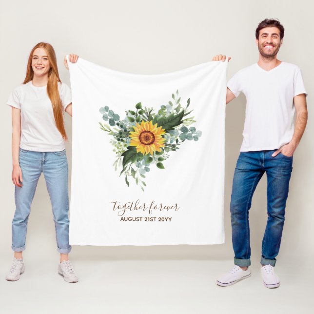 Custom Newlyweds Rustic Sunflowers Eucalyptus Leaf Fleece Blanket (In Situ)