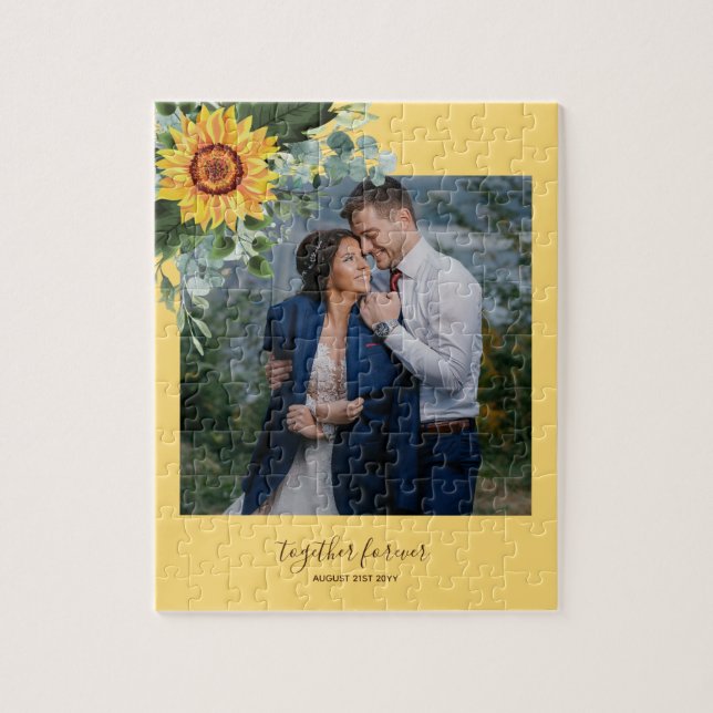 Custom Newlyweds Rustic Sunflowers Eucalyptus Leaf Jigsaw Puzzle (Vertical)