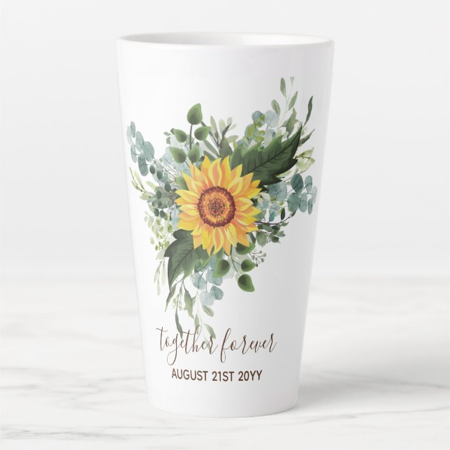 Custom Newlyweds Rustic Sunflowers Eucalyptus Leaf Latte Mug (Front)
