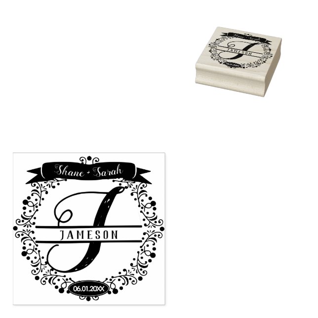 Custom Newlyweds Wreath Monogram Rubber Stamp (Stamped)