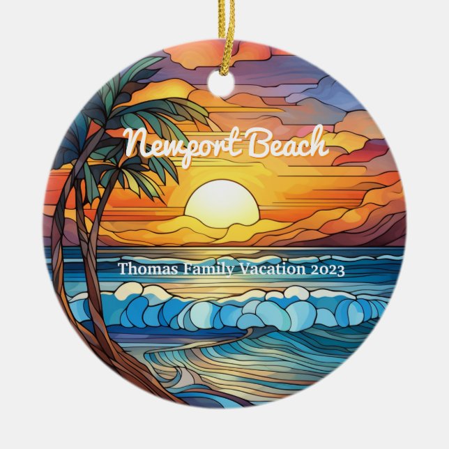 Custom Newport Beach Beach Faux Stained Glass Ceramic Ornament (Front)