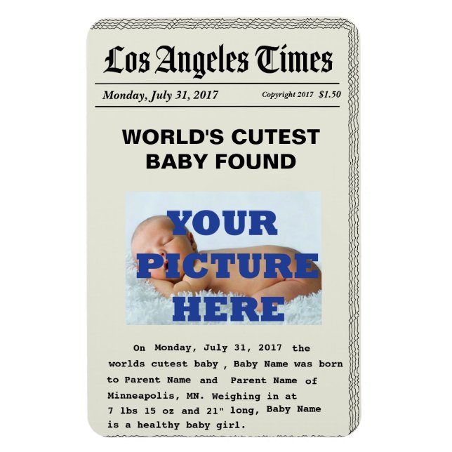 Custom News Paper Birth Announcement Magnets (Vertical)
