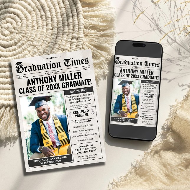 Custom Newspaper Graduation Invite Announcement (Newspaper Graduation Invitation Grad Announcement Card)