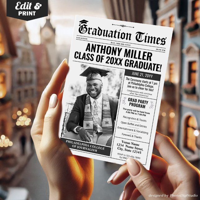 Custom Newspaper Graduation Invite Announcement (Newspaper Graduation Invitation Grad Announcement Card)