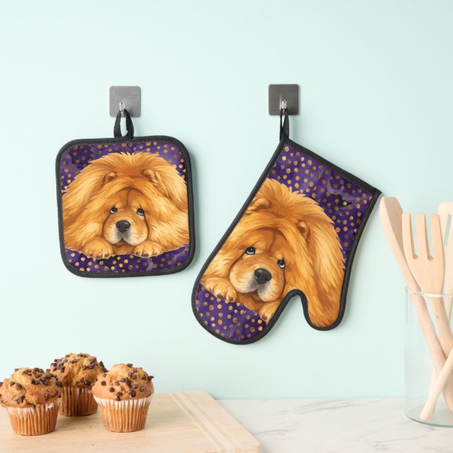 CUSTOM NIKO -CHOW DOG Oven Mitt & Pot Holder Set (Insitu(Hanging))