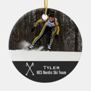 Custom Nordic Cross Country Skiing Photo Collage Ceramic Tree Decoration