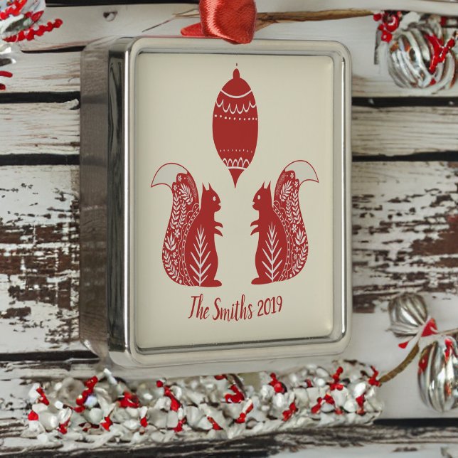 Custom Nordic Squirrels Square Christmas Ornament (Creator Uploaded)