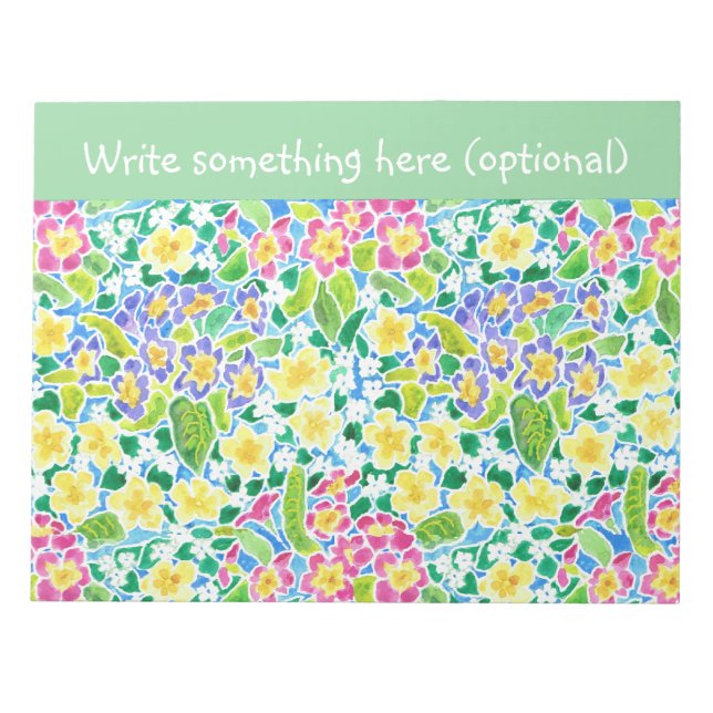 Custom Notepad or Jotter, Primroses, Mint Green (Front)