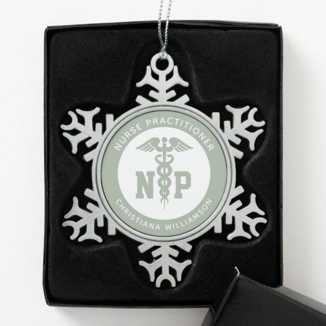 Custom NP Nurse Practitioner Graduation Caduceus Snowflake Pewter Christmas Ornament (Box)