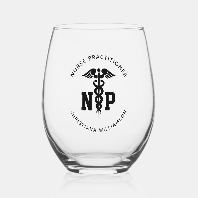 Custom NP Nurse Practitioner Graduation Caduceus Stemless Wine Glass (Front)