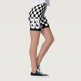 Custom Number Black White Chequered Flag Print Leggings