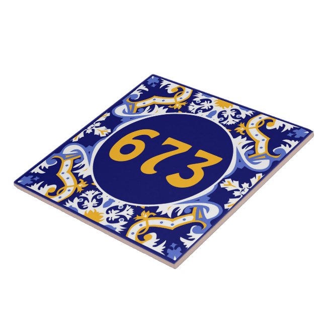 Custom number periwinkle, blue and yellow Azulejos Ceramic Tile (Side)