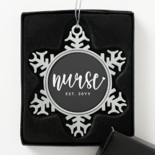 Custom Nurse Est Typography Nurse RN graduation Snowflake Pewter Christmas Ornament