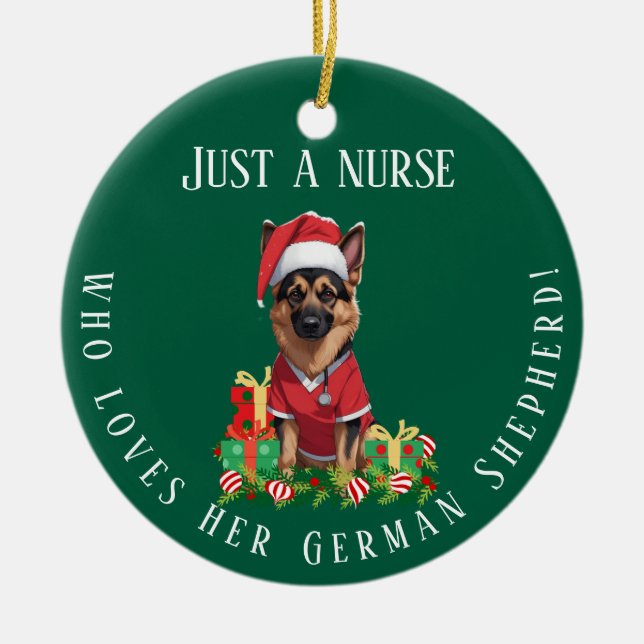 Custom Nurse Loves German Shepherd Dog Christmas Ceramic Ornament (Front)