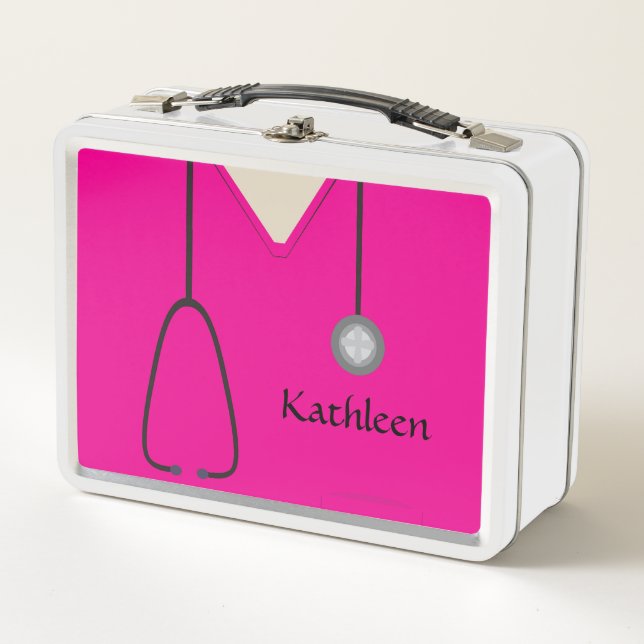 Custom Nurse Medical Scrubs Hot Pink Metal Lunch Box (Front)