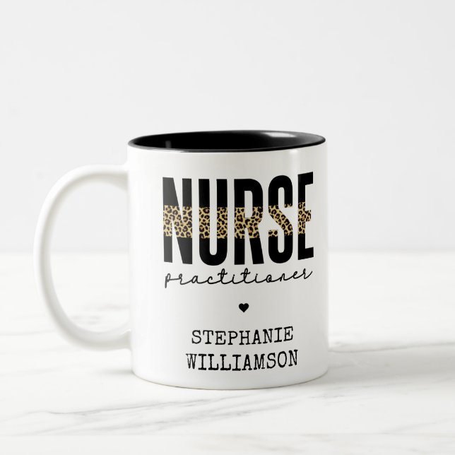 Custom Nurse Practitioner NP cheetah Graduation Two-Tone Coffee Mug (Left)