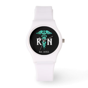 Custom Nurse RN Turquoise Caduceus White Silicone Watch