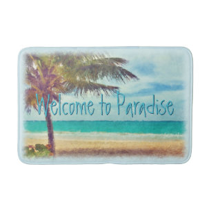 Custom Ocean Beach Palm Tree Watercolor Painting Bath Mat