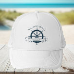 Custom Ocean Cruise Vacation Boat Captain Trucker Hat<br><div class="desc">Chic custom summer vacation hat for your beach cruise on the ocean featuring a navy blue boat steering wheel. This nautical themed hat is perfect for classy matching family reunion keepsakes to commemorate the special trip or for a ship captain. Personalise with your last name and year.</div>