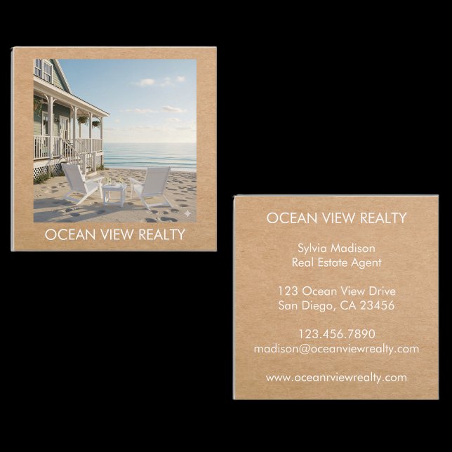 Custom Ocean View Photo  Realty Kraft Square Business Card (Custom Ocean View Photo Teal Estate Agent Kraft Square Business Card)