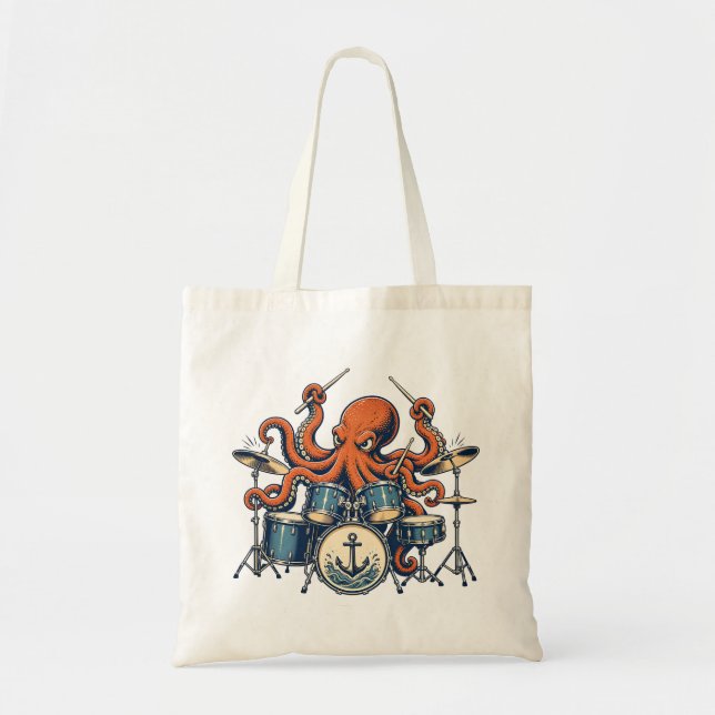 Custom Octopus Drummer Design Tote Bag (Front)