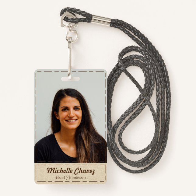 Custom Off-White Stiched Leather Employee Photo ID Badge (Front with Lanyard)