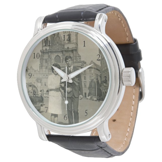 Custom Old Photo Couple Anniversary Leather Men's Watch (Angled)