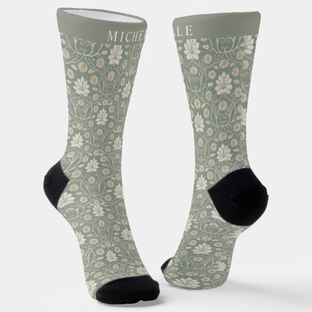 Custom Olive Green Floral Yellow Gold Flowers Socks (Angled)