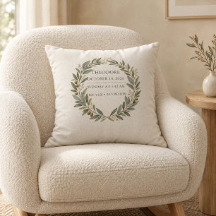 Custom Olive Wreath Birth Stats Heirloom Baby Pill Cushion