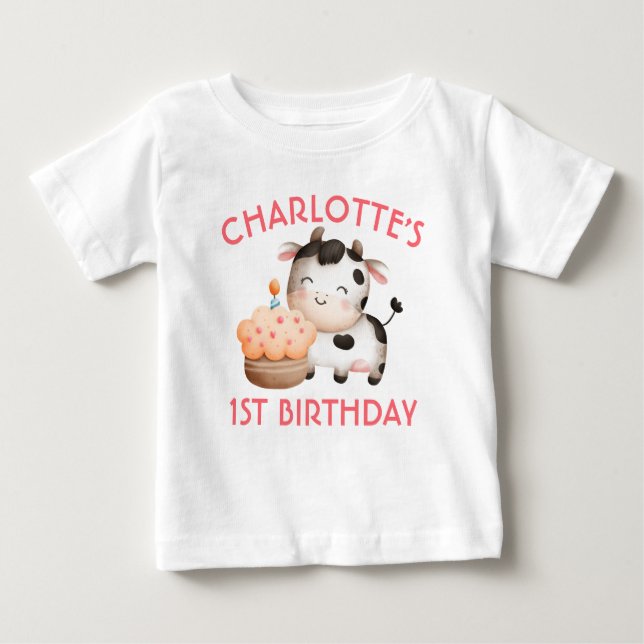 Custom One Cow Moos First Birthday Baby Baby T-Shirt (Front)