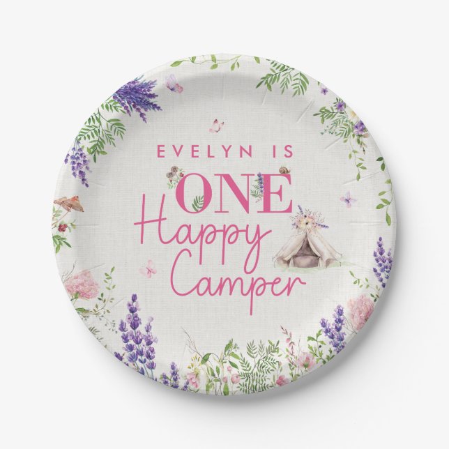 Custom One Happy Camper Baby Girls First Birthday Paper Plate (Front)