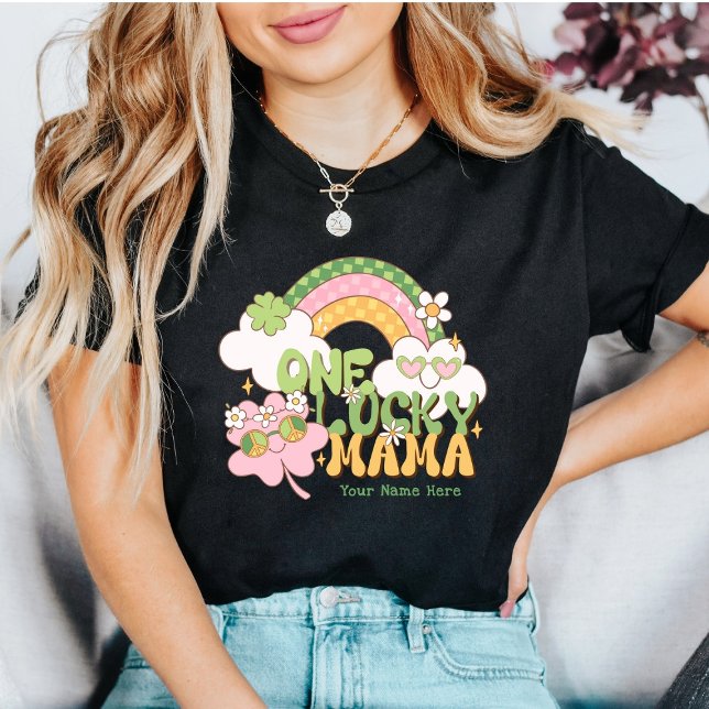 Custom One Lucky Mama Retro Rainbow T-Shirt (Creator Uploaded)