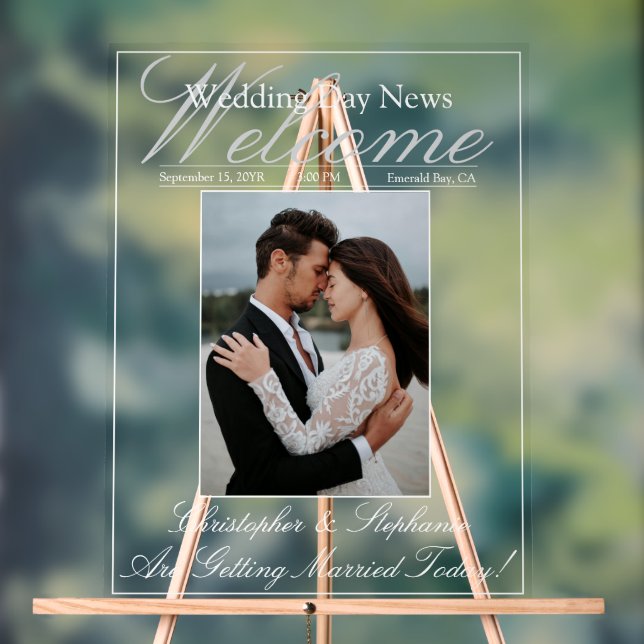 Custom One Photo Elegant Script Wedding Welcome Acrylic Sign (Neutral)