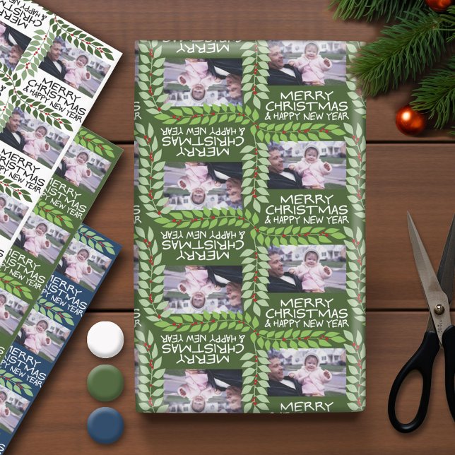 Custom One Photo Merry Christmas Leaves Berries Wrapping Paper Sheet (Photo Wrapping Paper - Holiday and Christmas Theme)