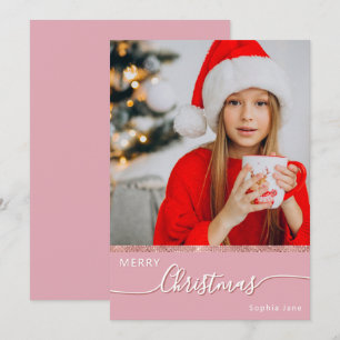  Custom One Photo Pink Merry Christmas Holiday Card
