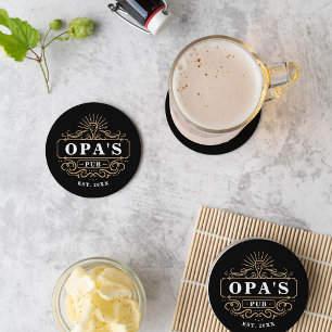 Custom Opa's Pub Home Bar Year Established Round Paper Coaster