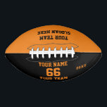 Custom orange black Football Name, Number, Team<br><div class="desc">Create your own custom orange black white Football with Name, Number, Team Name, Slogan and Year. Personalise this simple classic football template with your custom message, name, team name and year. Easily personalise it for a cool sport keepsake. Create your unique personalised gift for coach, boy's birthday, football player, teammates...</div>