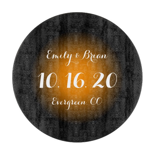 Custom orange black glass wedding cutting board (Front)