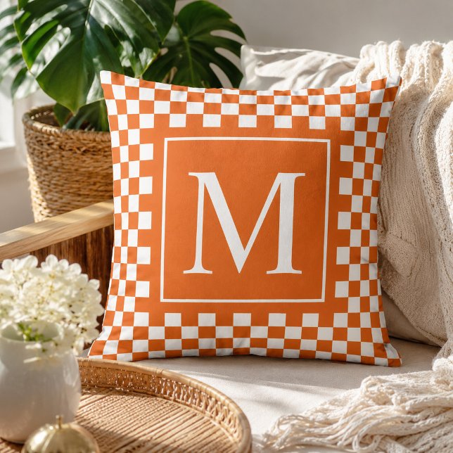 Custom Orange Chequered Monogram Initial Letter Cushion (Creator Uploaded)