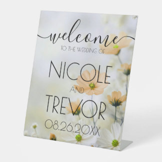 Custom Orange Dainty Flowers Welcome Wedding  Pedestal Sign
