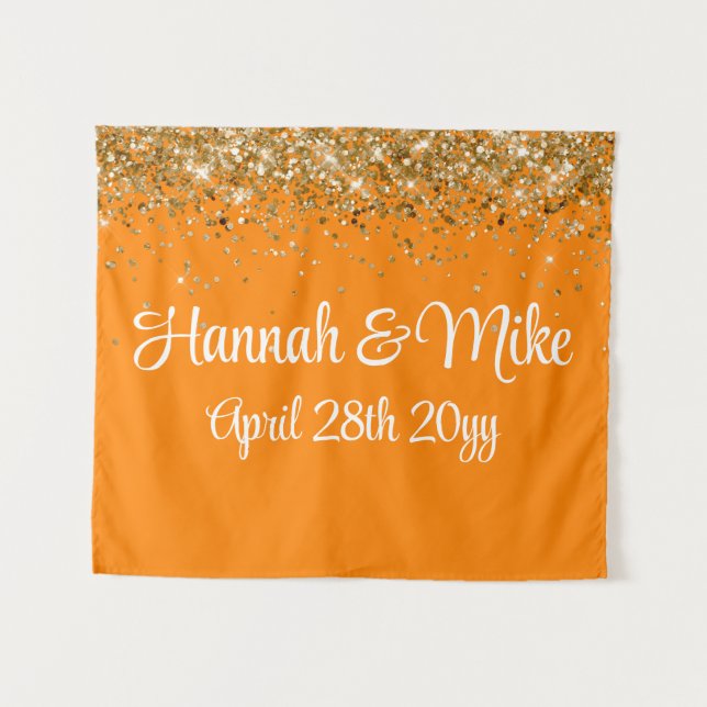 Custom Orange Gold Wedding Backdrop Photo Booth Tapestry (Front (Horizontal))