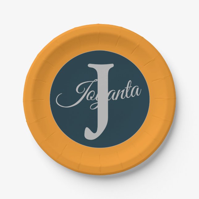 Custom  orange greay blue Monogram Elegant Paper Plate (Front)