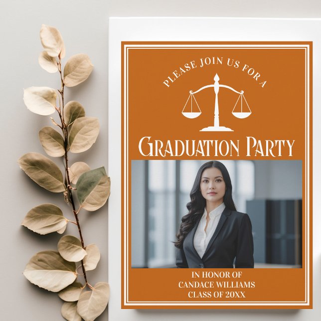 Custom Orange Law School Graduation Photo Party Invitation (Creator Uploaded)